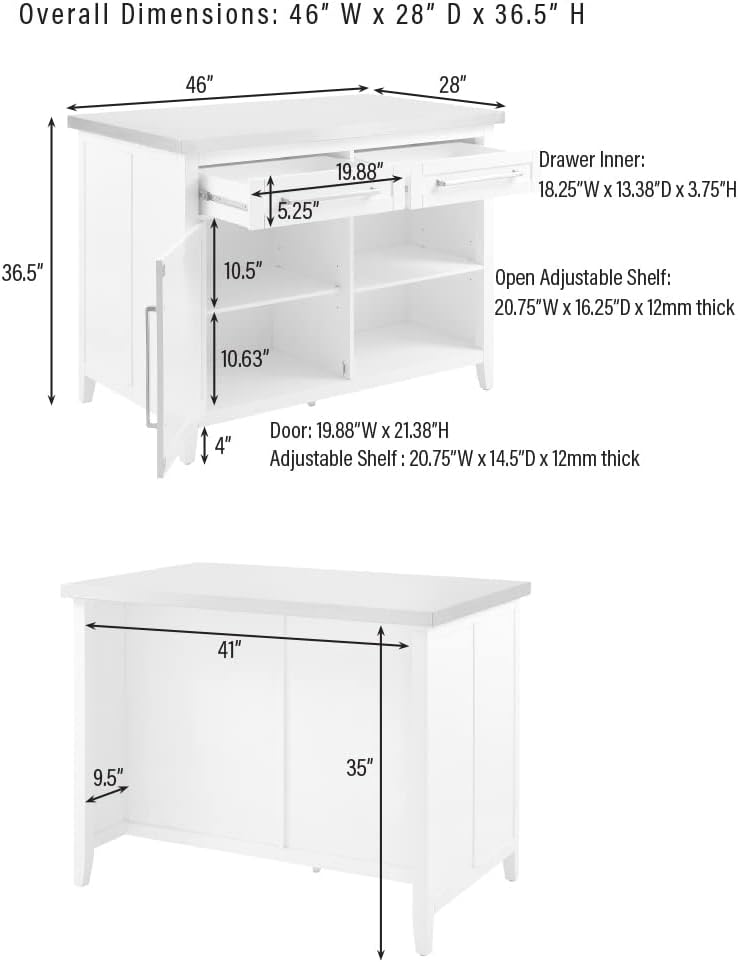 Crosley Furniture Silvia Stainless Steel Top Kitchen Island, Microwave Stand, Coffee Bar, with Shelves, White
