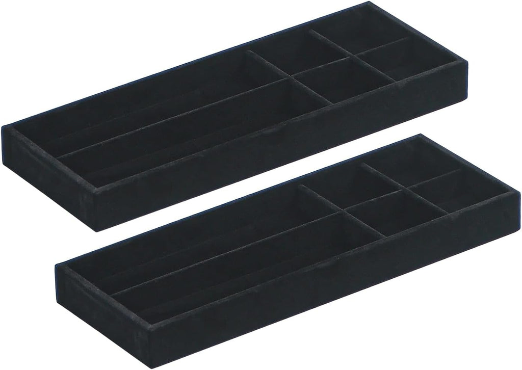 2Pcs Desk Drawer Storage Tray, Nightstand Organizer Tray, Necklace Bracelet Ring Earring Jewelry Display Tray, Grid Table Organizer Holder Tray for Sunglass, Phone, Watch, Perfume (6 grid)/Black