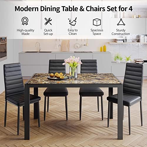 Gizoon 5 Piece Glass Dining Table Set, Kitchen Table and Chairs Set for 4