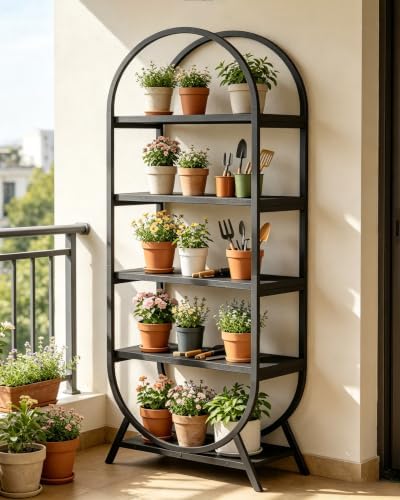Bookshelf Arched Bookcase, Industrial 5 Tier Open Book Shelves with Metal Fra...
