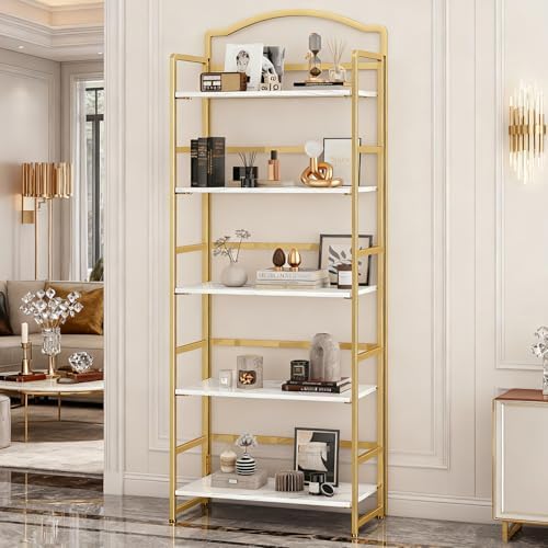 JSB 5 Tier No Assembly Folding Bookshelf, Arched Bookshelf, Foldable Bookcase...