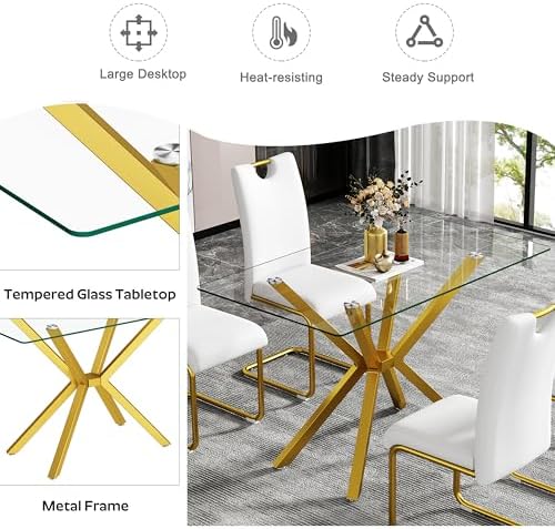 yeag Modern Rectangular Glass Dining Table Set for 4, 47" Clear Tempered...
