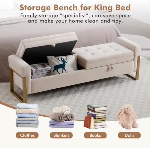 67" Storage Bench for Bedroom, End of Bed Bench King Size, Beige | Doubl...