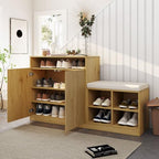 Modern Entryway Bench with 4-Tier Shoe Rack & Storage Cabinet, Features Removable Cushion, Wavy Slatted Door, Hooks and 3 Adjustable Shelves for Living Room, Hallway (Natural)