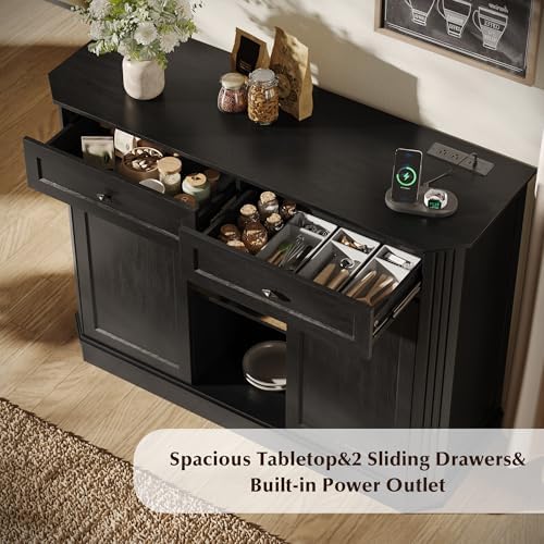 47" Wine Bar Cabinet with LED Light & Power Outlets, 2 Door Coffee B...