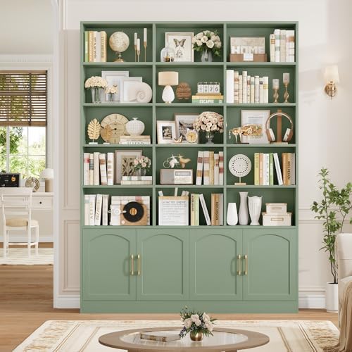 FACBOTALL 82.3" Triple Wide Bookshelf, Tall Bookcase with 4 Doors, Green