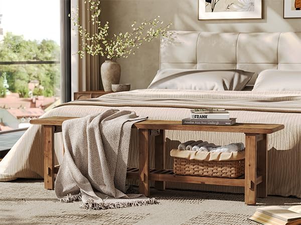 LITTLE TREE Solid Wood Entryway Shoe Bench, 63" Farmhouse Narrow End of ...