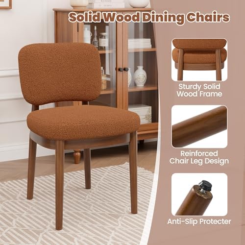 Wooden Dining Chairs Set of 6, Boucle Upholstered Kitchen Chairs with Solid W...