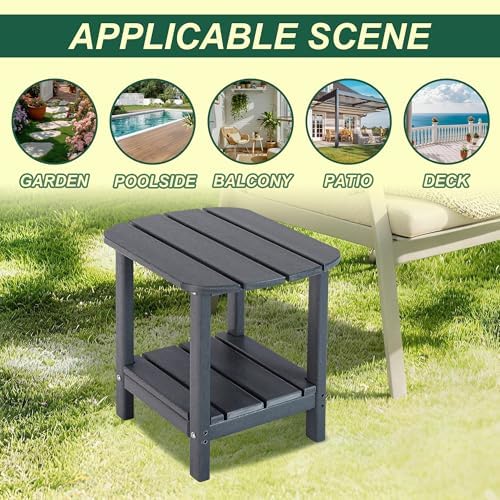 LZRS 2-Tier Patio Side Table, Heavy Duty HDPE Outdoor End Table with Wood Tex...