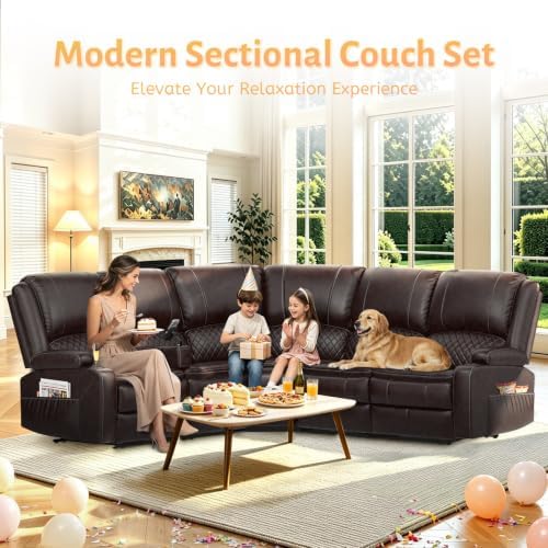 Upgraded 5 Seater Reclining Sofa Set, Modern Living Room Couch (Pu,Brown) | H...