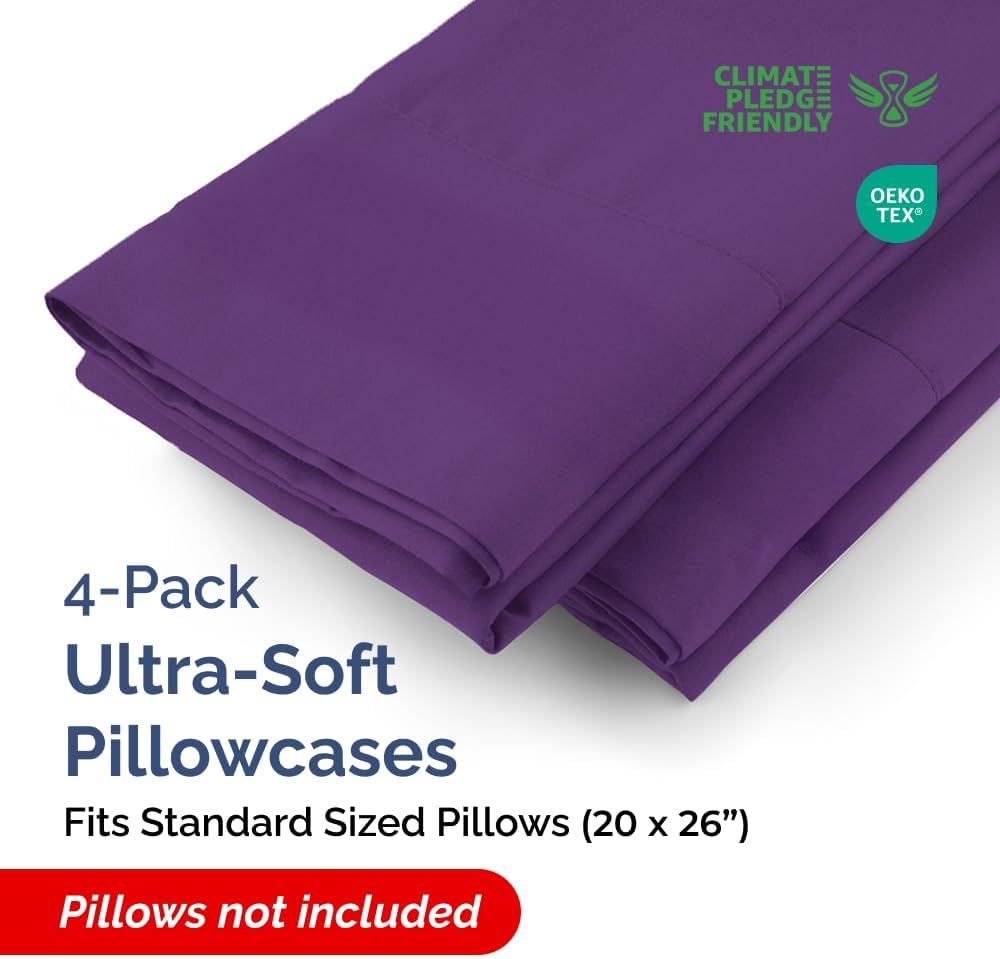 Standard Pillow Cases - 4 Pack - Super Soft Pillowcase Covers - Envelope Enclosure - Hotel Quality Pillow Protectors - Wrinkle Free, Shrink & Stain Resistant - Machine Washable - 20" x 26" (Purple)