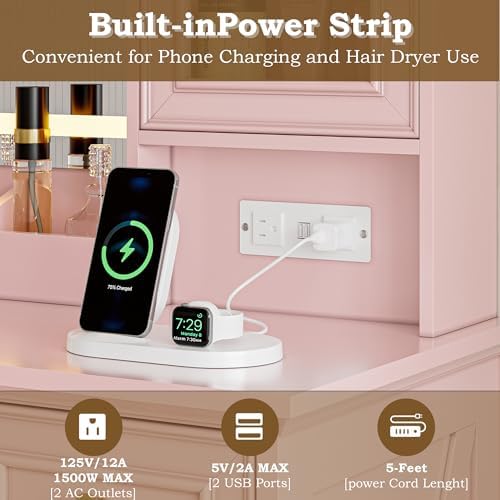 BORNOON Vanity Desk with Lights, Large LED Mirror with 3 Color Modes, Makeup ...