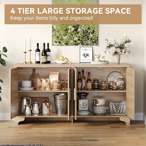 GarveeHome 4-Door Sideboard Buffet Cabinet, Natural Rattan Storage Cabinet, B...