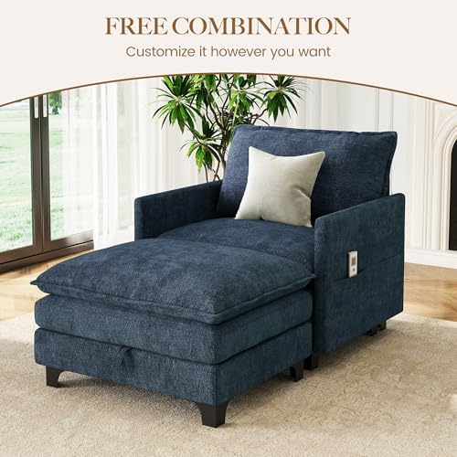 Accent Sofa Chair with Storage Ottoman, Cloud Sigle Couch with Side Pocket fo...