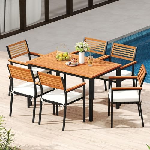 Tangkula 7 Piece Acacia Wood Outdoor Dining Set with 6 Stackable Armchairs