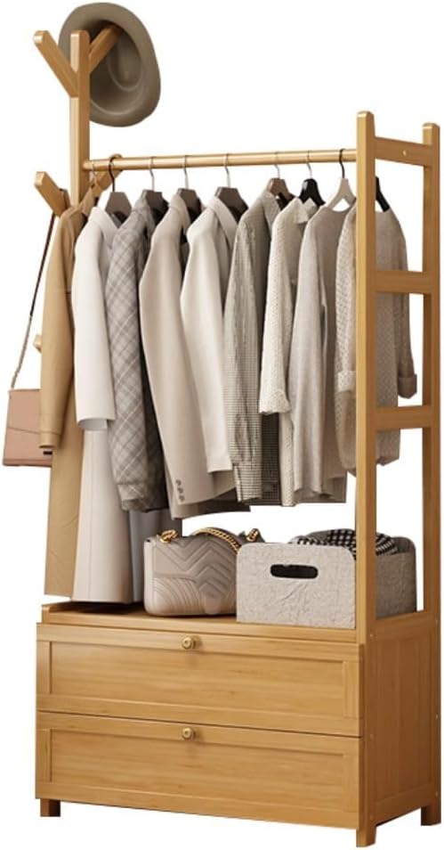 Open Wardrobe for Bedroom - Wooden Clothes Rail with Drawers, Free Standing G...