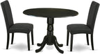 East West Furniture DLDR3-BLK-24 3 Piece Kitchen Table Set Contains a Round Dining Table with Dropleaf and 2 Black Color Linen Fabric Upholstered Chairs, 42x42 Inch, Black