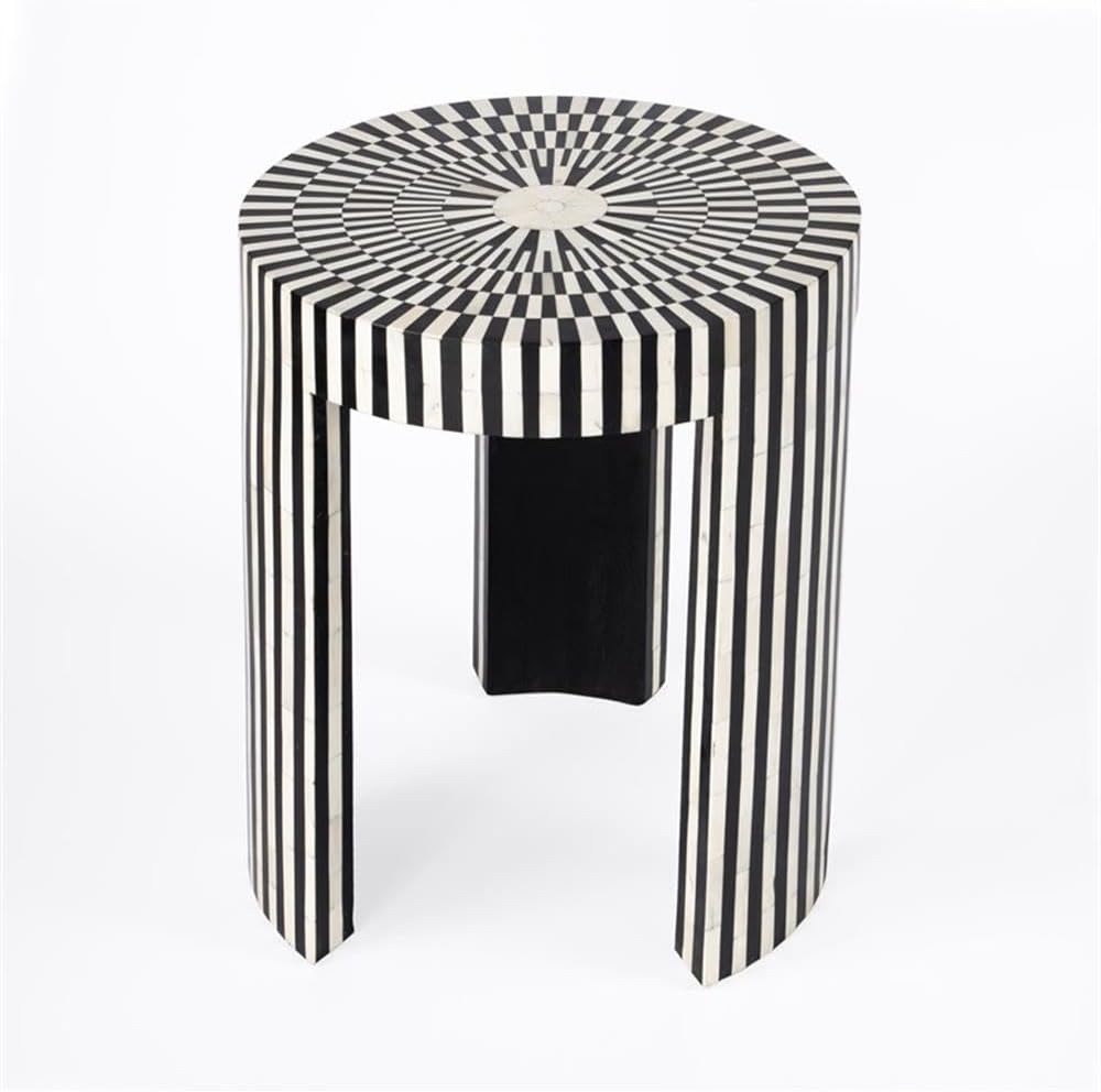 Beaumont Lane Transitional Round Bone Inlay Side Table, Black and White Finis...