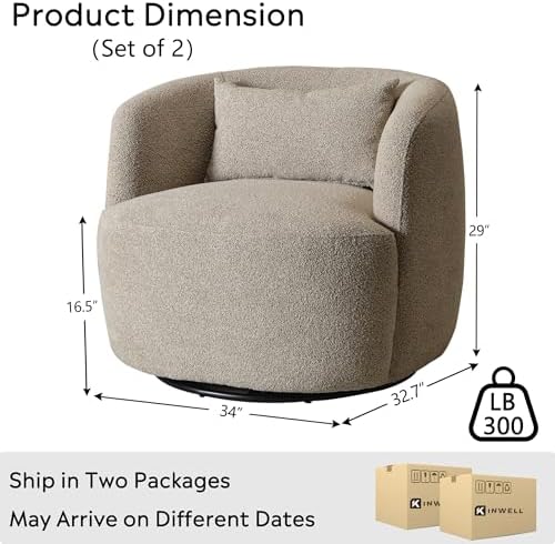 KINWELL 34" W Boucle Swivel Barrel Chairs with Pillow Set of 2, Taupe | ...