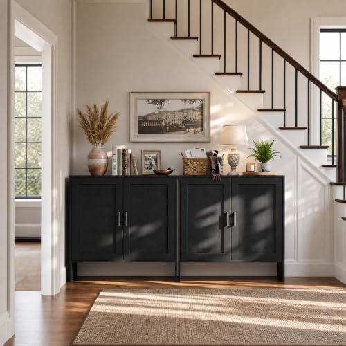 DHZ Buffet Cabinet with Storage, Farmhouse Sideboard with Black Rattan Doors ...