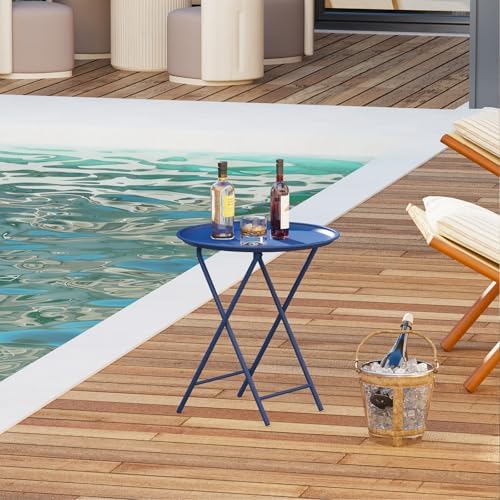 Garden 4 you Folding TV Tray Table, Metal Round Side Table, Blue Dinner Table...