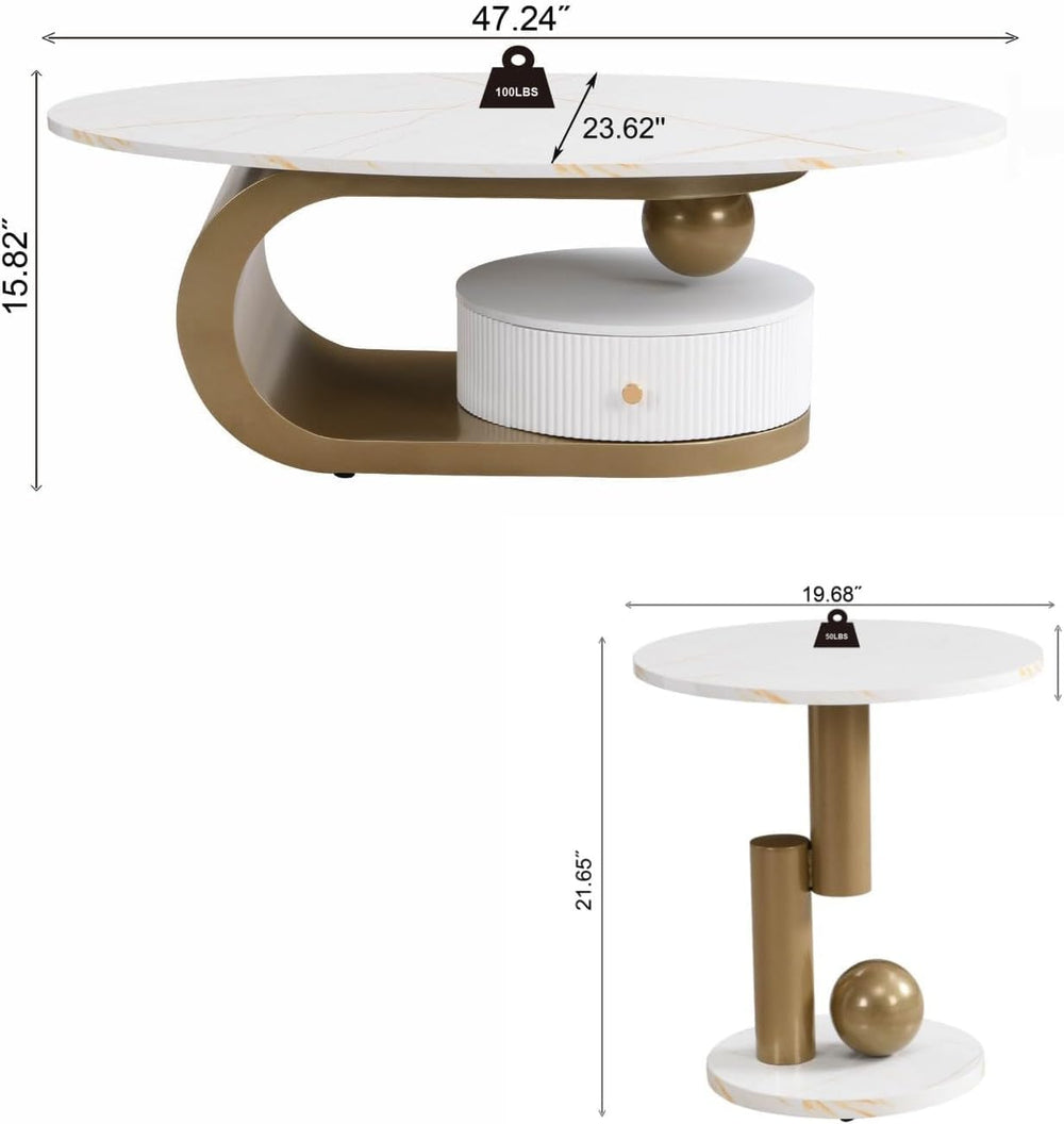 Modern Nesting Coffee Table Set of 2, Oval White and Gold Coffee Table and Ro...