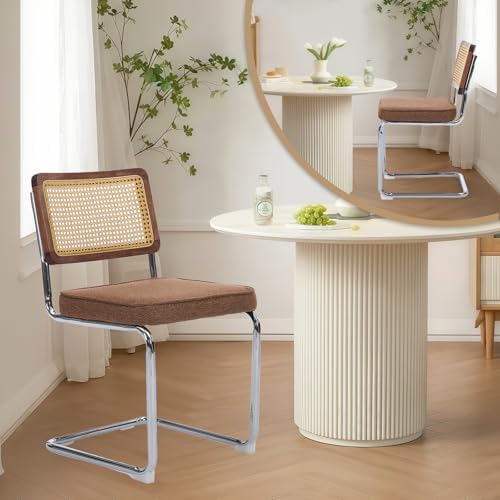 Rattan Back Linen Dining Chair Set of 4 Modern Breuer Designed Stainless Chro...