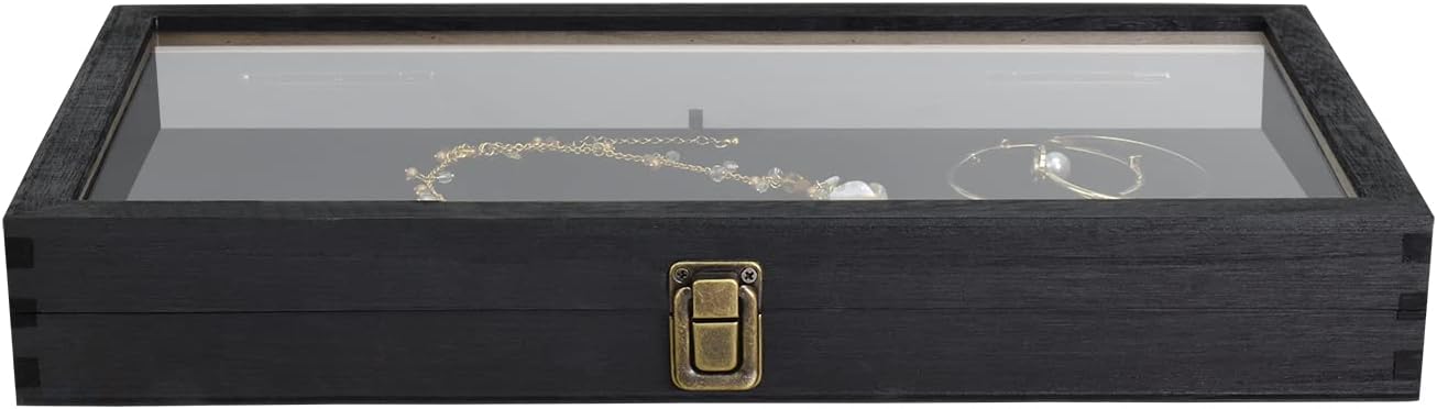MOOCA 2 Pcs Wooden Jewelry Display Case, Pocket Knife Display Case with Tempered Glass Top Lid and Removable Black Luxurious MDF Velvet Jewelry Pad, Black Color