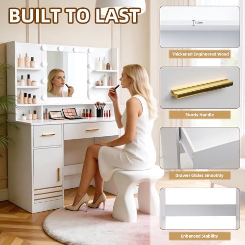 42" W Vanity Desk with Power Outlet Mirror and LED Lights Large Heavy Du...
