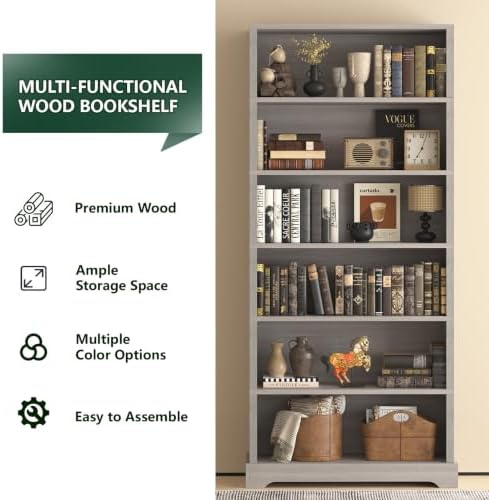 TVU 6 Tiers Wooden Bookshelf, 77.2" Tall Farmhouse Style Open Bookcase, ...