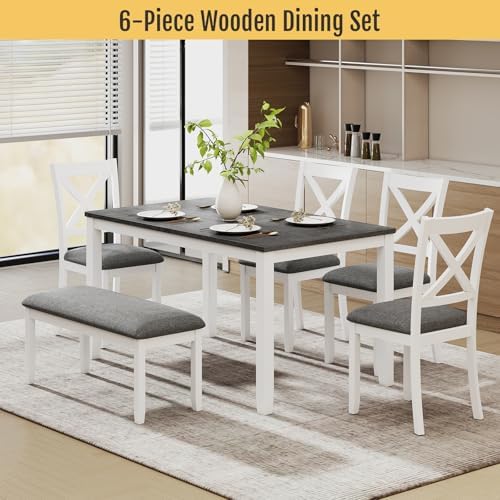 Zevemomo 6-Piece Solid Wood Dining Table Set, Wooden Legs, White | Including ...