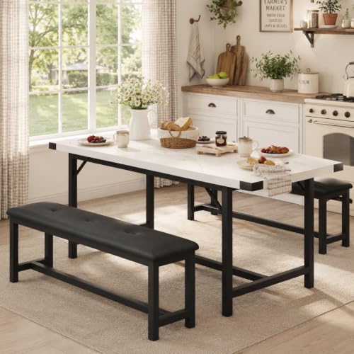 GarveeHome 5 Piece Extendable Dining Table Set for 4-6, Marble White