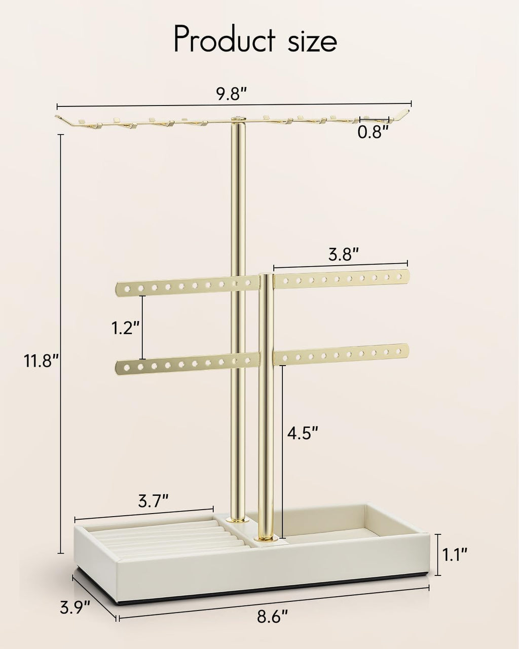 Vlando 2 Tier Jewelry Stand Organizer with Tary, Leather Jewelry Holder Display for Women, Gold Jewlery Holder Stand for Necklace, Earring, Bracelet, Rings - Cloud White