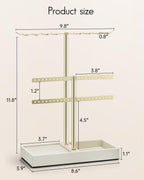 Vlando 2 Tier Jewelry Stand Organizer with Tary, Leather Jewelry Holder Display for Women, Gold Jewlery Holder Stand for Necklace, Earring, Bracelet, Rings - Cloud White