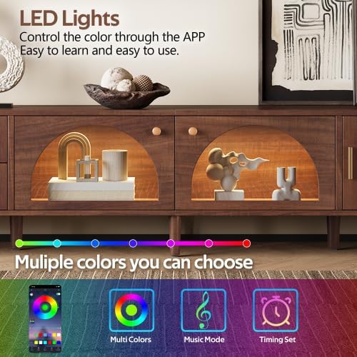 Bellemave Modern TV Stand with LED Lights & Glass Doors, Rattan Media Console with 3 Cabinets & 2 Drawers for up to 80", Solid Wood Entertainment Center for Living Room, Home Theatre (Dark Brown)