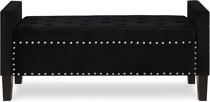 Upholstered Velvet Storage Ottoman Bench with Nail Trims,Soft Padded Seat with Armrest,for Living Room,Bedroom,Entryway,Easy to Assemble,Black