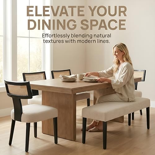 HNY Mid Century Modern Rattan Dining Chairs Set of 6, Farmhouse Linen Upholst...