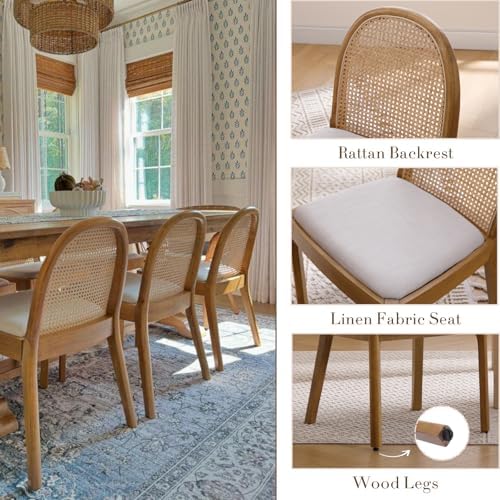 HEAH-YO Rattan Dining Chairs Set of 4, Upholstered Linen Dining Room Chairs w...