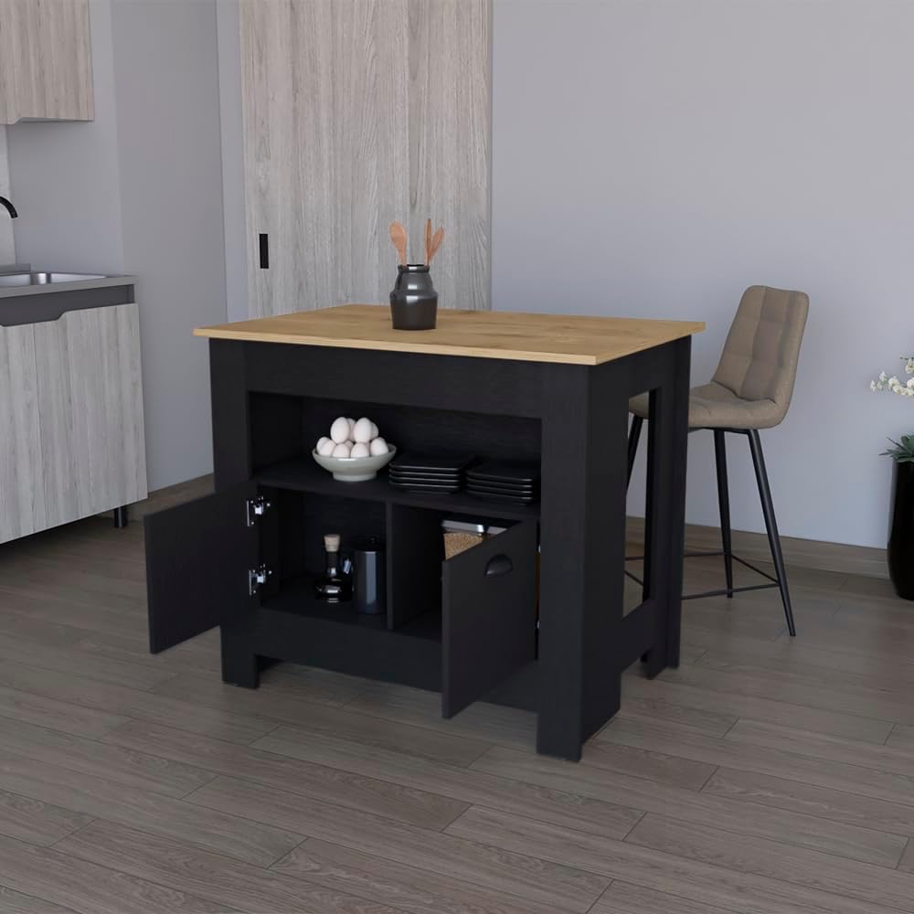Kitchen Island Geneva, Black/Macadamia with Spacious Top Surface | 40.5"...