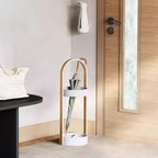 Metal Umbrella Stand, Wood Grain Umbrella Holder with Hooks(Black) | Space-Saving Umbrella Storage for Entryway or Hallway, Modern Indoor Umbrella Rack with Wooden Armrests