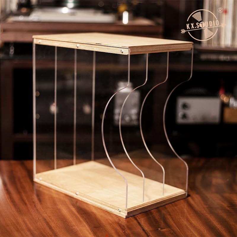 Vinyl Record Storage Holder,Stacks up to 30 Albums, Solid Wood & Clear Acrylic,Canbe stack,Premium Display, Simple and Contemporary Concept Design for 12” Records LP, DVDs, or CDs (composite board, 3)