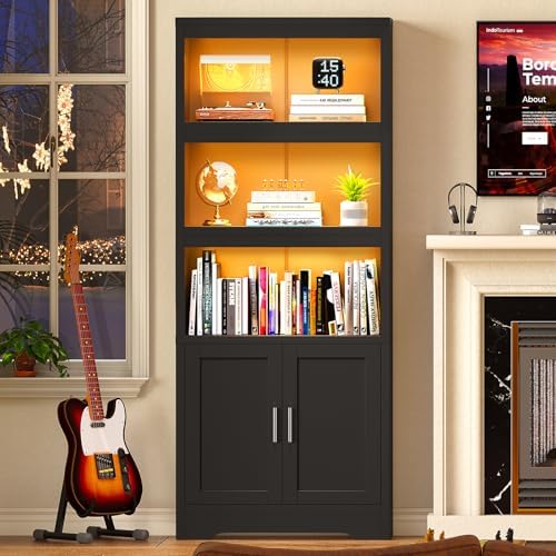 Book Shelf and Bookcase with Doors, 5-Tier Display Storage Cabinet with Adjus...