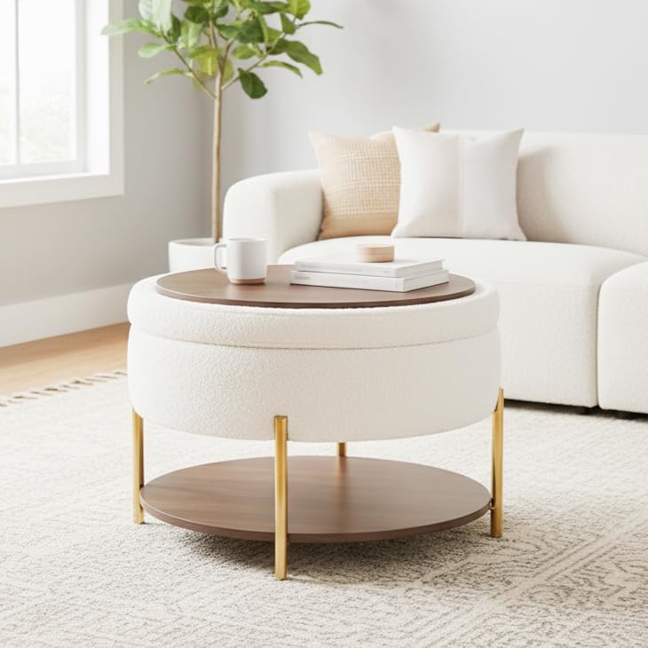 28.5 Inch Round Coffee Table Ottoman with Storgae, Modern Large Upholstered C...