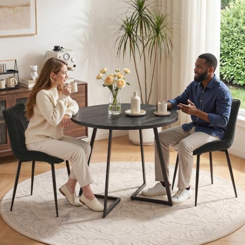 VECELO 3-Piece Dining Table Set, Round Kitchen Table with 2 Velvet Upholstered Chairs, Space Saving Design for Small Apartment & Home Office, Easy Assembly, Grey & Black