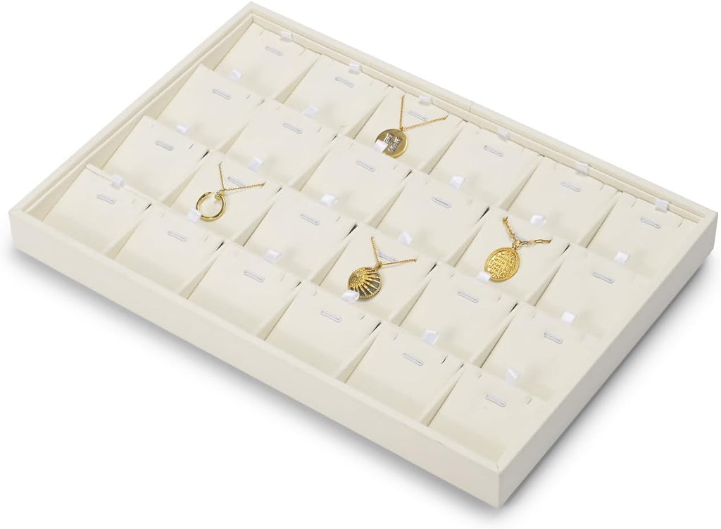 Beige Jewelry Necklace Display Tray 24 Grids Pendant Earrings Necklace Organizer Display Showcase Microfiber Jewelry Storage Tray