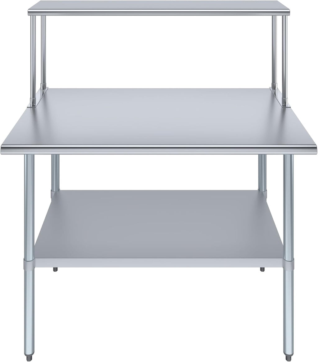 Stainless Steel Work Table with Wide Single Tier Overshelf | Metal Kitchen Prep Table & Shelving Combo (30" x 48" Work Table + 12" Overshelf)