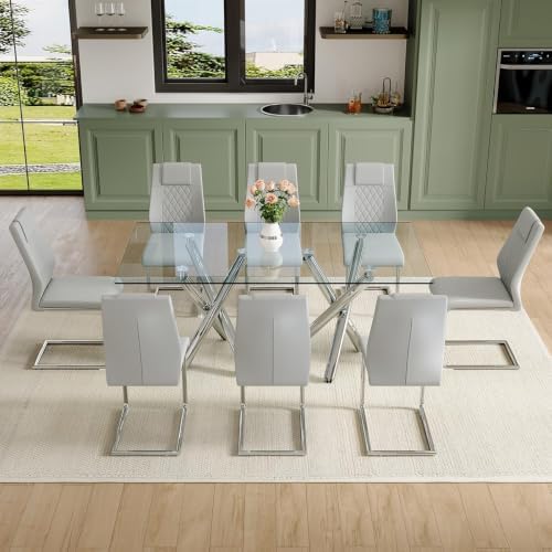 Ebullient 71" Glass Dining Table Set for 8, Dining Set Table and 8 Chairs