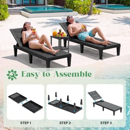 NUNU LAB Outdoor Chaise Lounge Chairs Set (Black, 2pcs) | 5-Positions Adjusta...