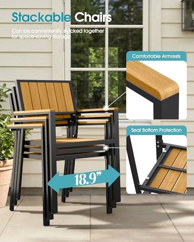 Aluminum Outdoor Dining Set of 6, Patio Table and Stackable Chairs, Teak