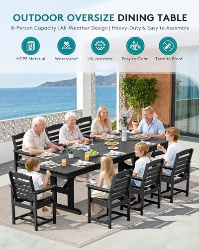 SERWALL 9Pcs 84" HDPE Outdoor Dining Set for 8 with Armchairs,Black
